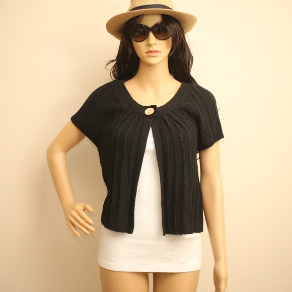 Dressbarn Black Short Sleeve Knit Sweater Cardigan - Picture 2 of 8